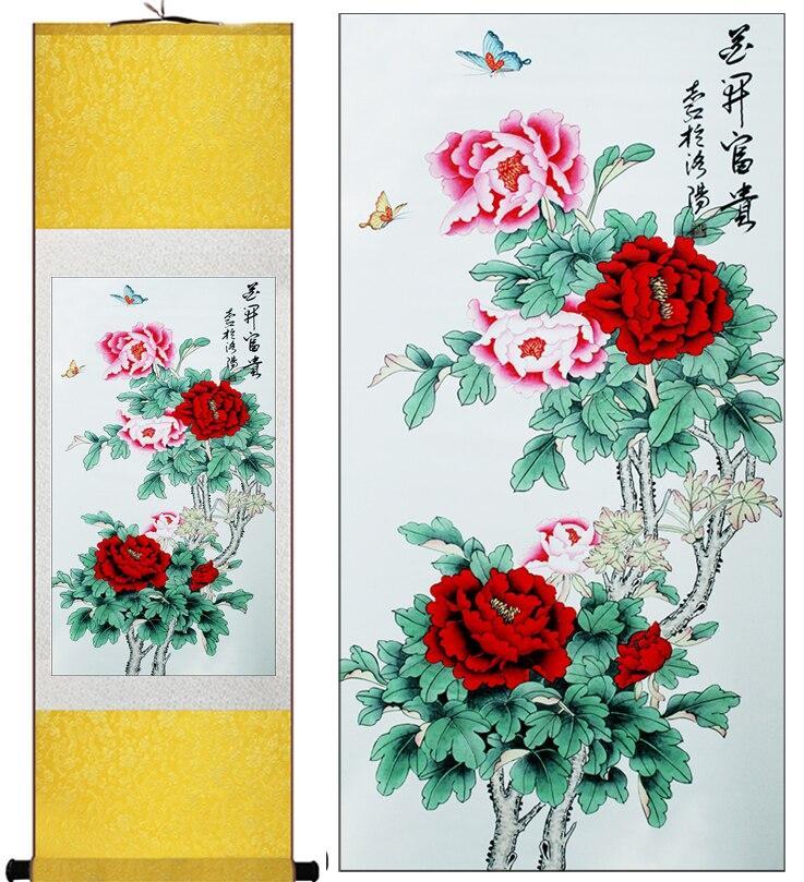 Chinese Art Scroll Painting Peony Flower Ancient Silk Picture Wall Ideas 11814-Chinese Style Finds™