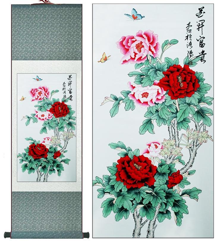 Chinese Art Scroll Painting Peony Flower Ancient Silk Picture Wall Ideas 11814-Chinese Style Finds™