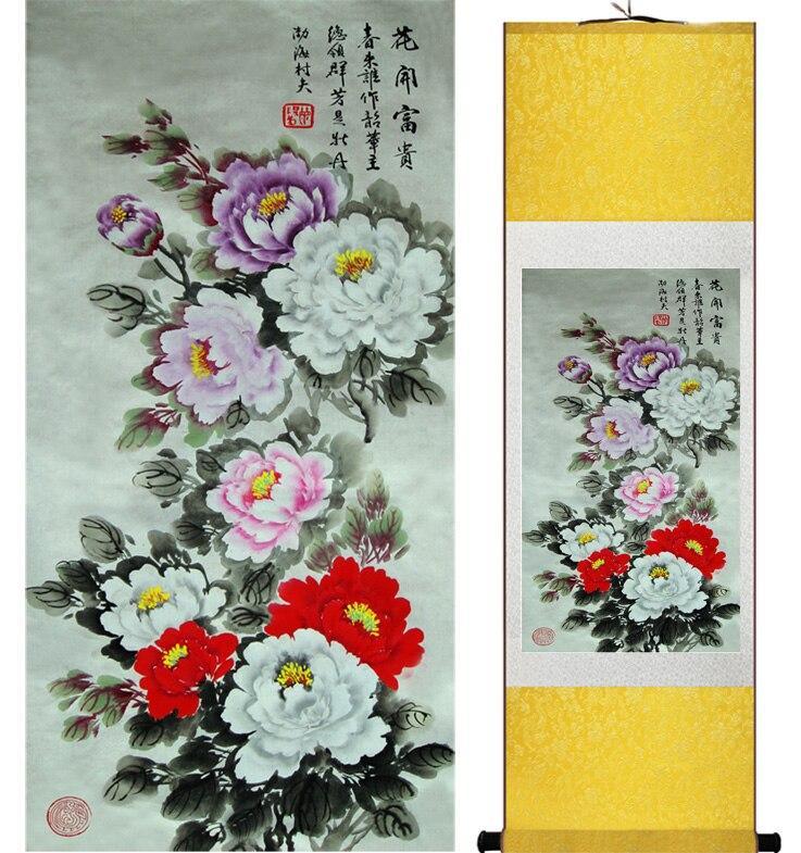 Chinese Art Scroll Painting Peony Flower Ancient Silk Picture Wall Ideas 11818-Chinese Style Finds™