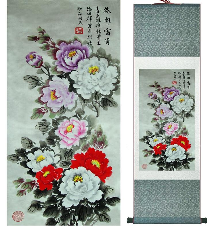 Chinese Art Scroll Painting Peony Flower Ancient Silk Picture Wall Ideas 11818-Chinese Style Finds™