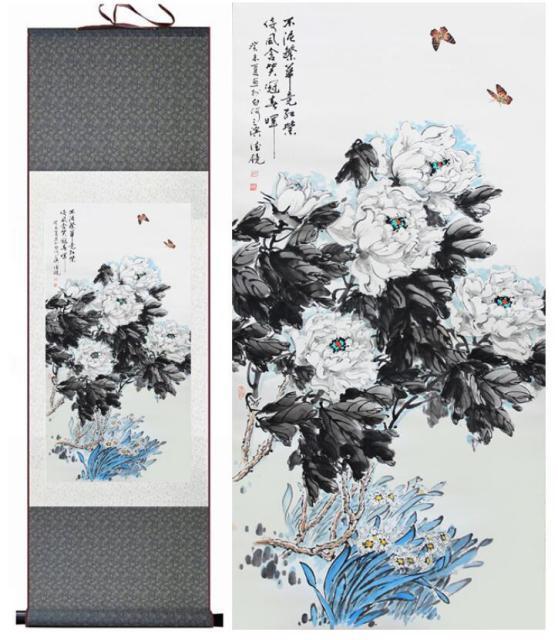 Chinese Art Scroll Painting Peony Flower Ancient Silk Picture Wall Ideas 13142-Chinese Style Finds™