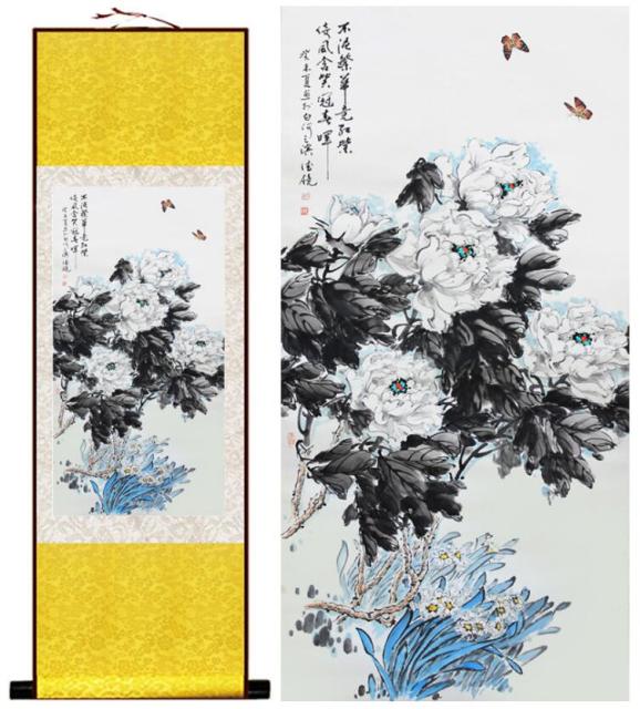 Chinese Art Scroll Painting Peony Flower Ancient Silk Picture Wall Ideas 13142-Chinese Style Finds™