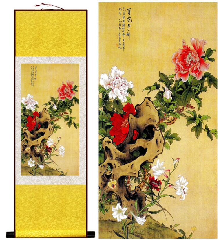 Chinese Art Scroll Painting Peony Flower Ancient Silk Picture Wall Ideas 13146-Chinese Style Finds™