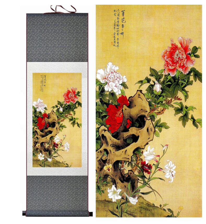 Chinese Art Scroll Painting Peony Flower Ancient Silk Picture Wall Ideas 13146-Chinese Style Finds™