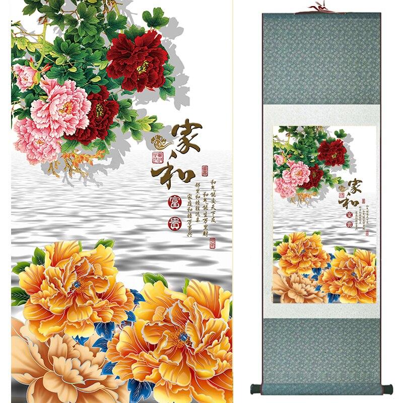 Chinese Art Scroll Painting Peony Flower Ancient Silk Picture Wall Ideas 16806-Chinese Style Finds™