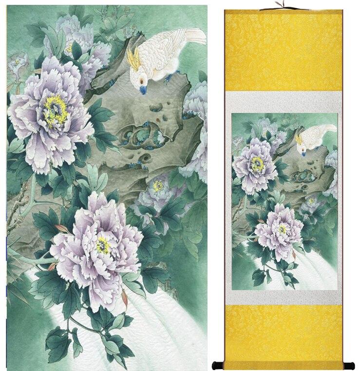 Chinese Art Scroll Painting Peony Flower And Bird Ancient Silk Picture Wall Ideas 12714-Chinese Style Finds™