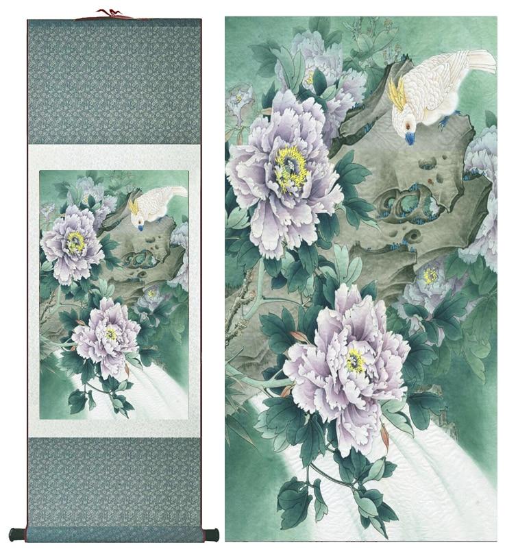 Chinese Art Scroll Painting Peony Flower And Bird Ancient Silk Picture Wall Ideas 12714-Chinese Style Finds™