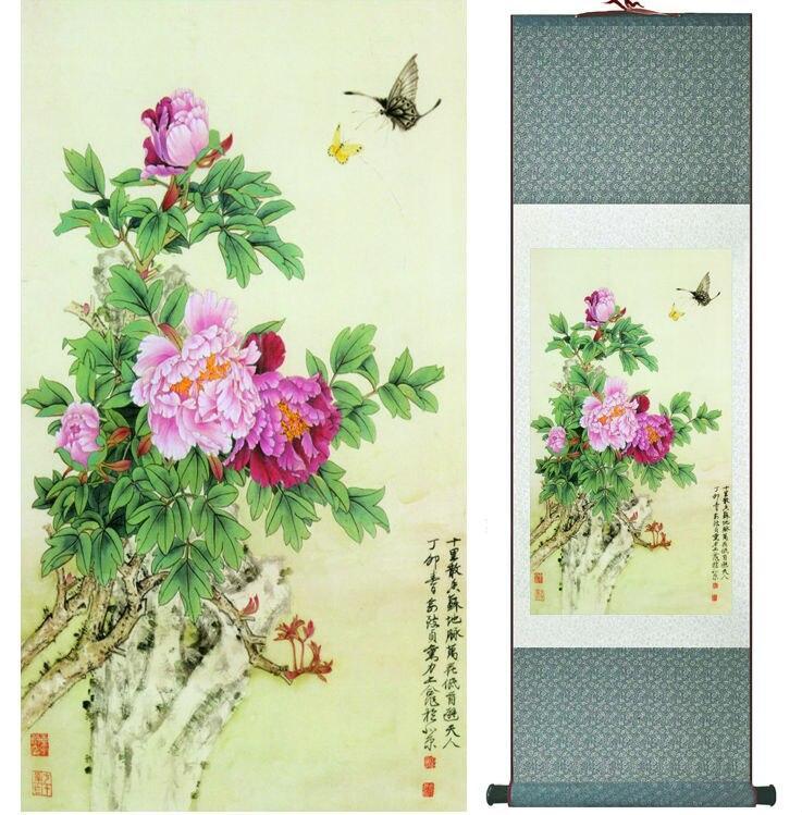 Chinese Art Scroll Painting Peony Flower And Butterfly Ancient Silk Picture Wall Ideas 14190-Chinese Style Finds™