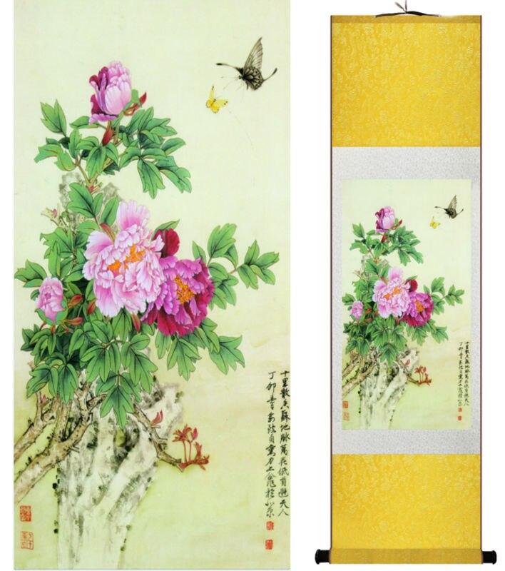 Chinese Art Scroll Painting Peony Flower And Butterfly Ancient Silk Picture Wall Ideas 14190-Chinese Style Finds™