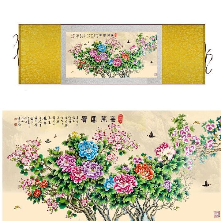 Chinese Art Scroll Painting Peony Flower And Butterfly Mudan Ancient Silk Picture Wall Ideas 11694-Chinese Style Finds™