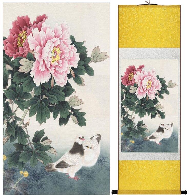 Chinese Art Scroll Painting Peony Flower And Dove Animal Birds Ancient Silk Picture Wall Ideas 12706-Chinese Style Finds™