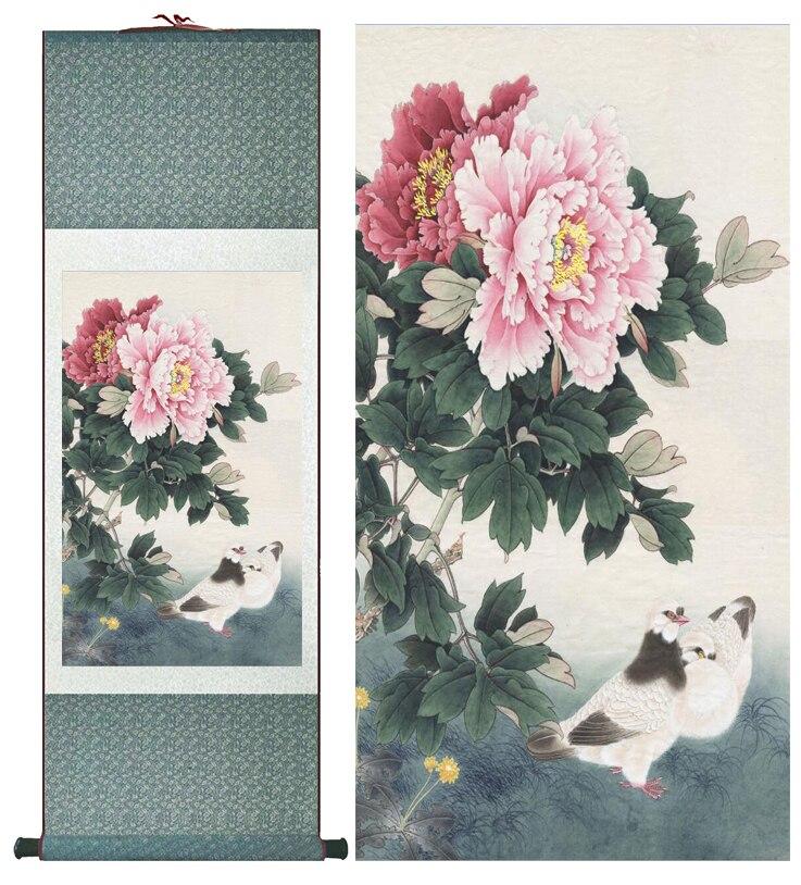 Chinese Art Scroll Painting Peony Flower And Dove Animal Birds Ancient Silk Picture Wall Ideas 12706-Chinese Style Finds™