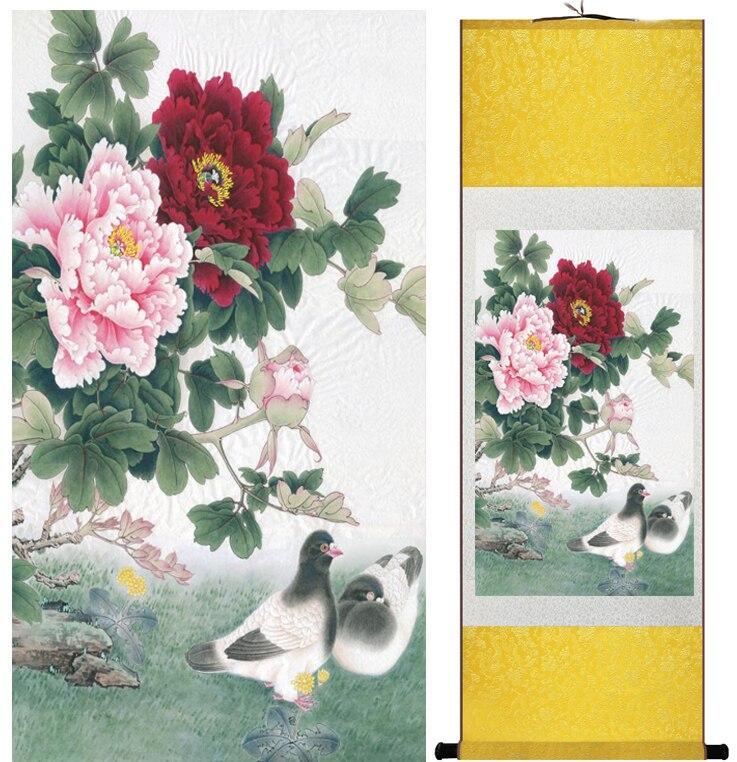 Chinese Art Scroll Painting Peony Flower And Dove Animal Birds Ancient Silk Picture Wall Ideas 12710-Chinese Style Finds™