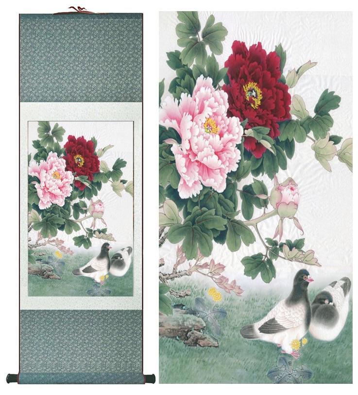 Chinese Art Scroll Painting Peony Flower And Dove Animal Birds Ancient Silk Picture Wall Ideas 12710-Chinese Style Finds™