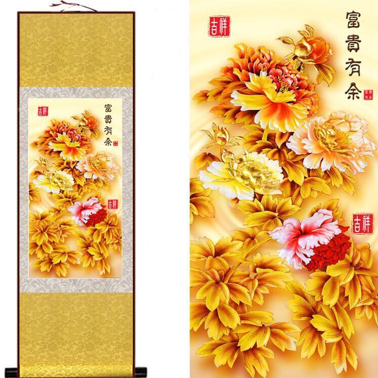 Chinese Art Scroll Painting Peony Flower Animal Birds Ancient Silk Picture Wall Ideas 11906-Chinese Style Finds™