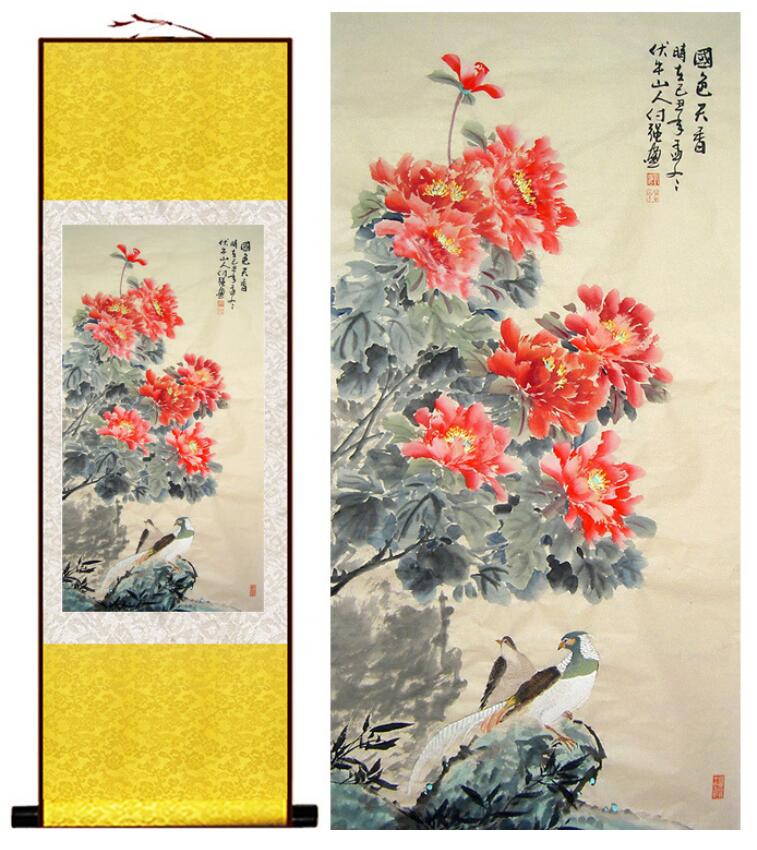 Chinese Art Scroll Painting Peony Flower Animal Birds Ancient Silk Picture Wall Ideas 13254-Chinese Style Finds™