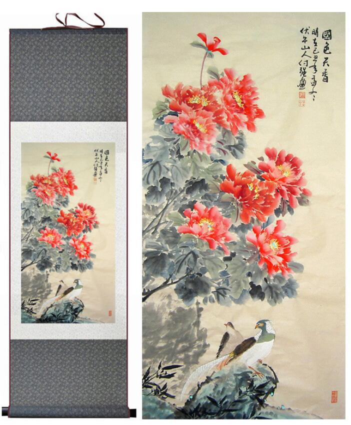 Chinese Art Scroll Painting Peony Flower Animal Birds Ancient Silk Picture Wall Ideas 13254-Chinese Style Finds™