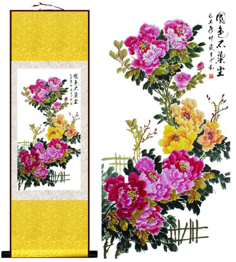 Chinese Art Scroll Painting Peony Flower Animal Birds Ancient Silk Picture Wall Ideas 13258-Chinese Style Finds™