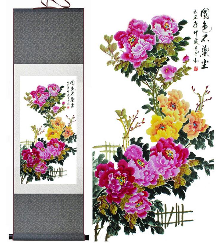 Chinese Art Scroll Painting Peony Flower Animal Birds Ancient Silk Picture Wall Ideas 13258-Chinese Style Finds™