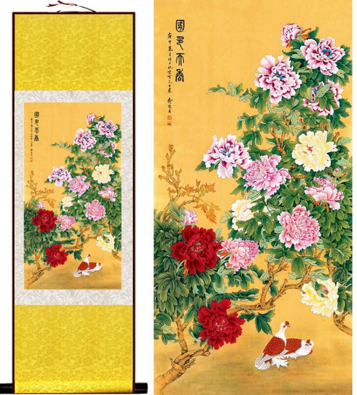 Chinese Art Scroll Painting Peony Flower Animal Birds Ancient Silk Picture Wall Ideas 13266-Chinese Style Finds™