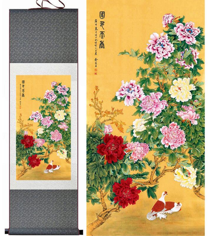 Chinese Art Scroll Painting Peony Flower Animal Birds Ancient Silk Picture Wall Ideas 13266-Chinese Style Finds™