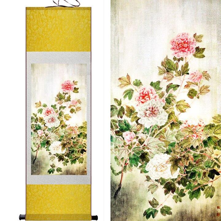 Chinese Art Scroll Painting Peony Flower Peony Ancient Silk Picture Wall Ideas 11086-Chinese Style Finds™