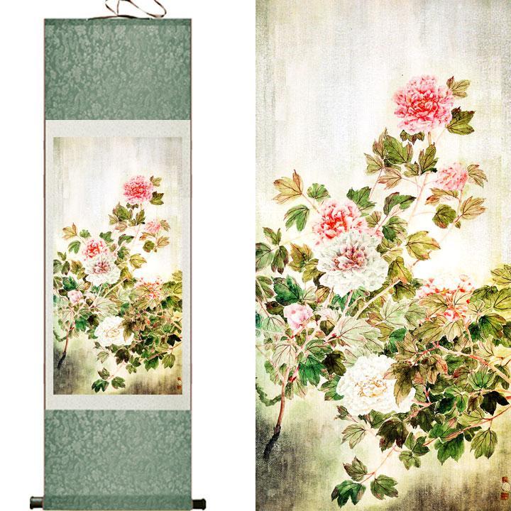 Chinese Art Scroll Painting Peony Flower Peony Ancient Silk Picture Wall Ideas 11086-Chinese Style Finds™