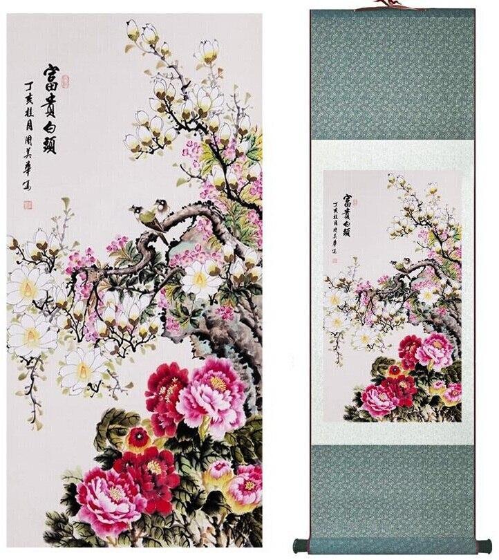 Chinese Art Scroll Painting Peony Flowers Ancient Silk Picture Wall Ideas 10728-Chinese Style Finds™