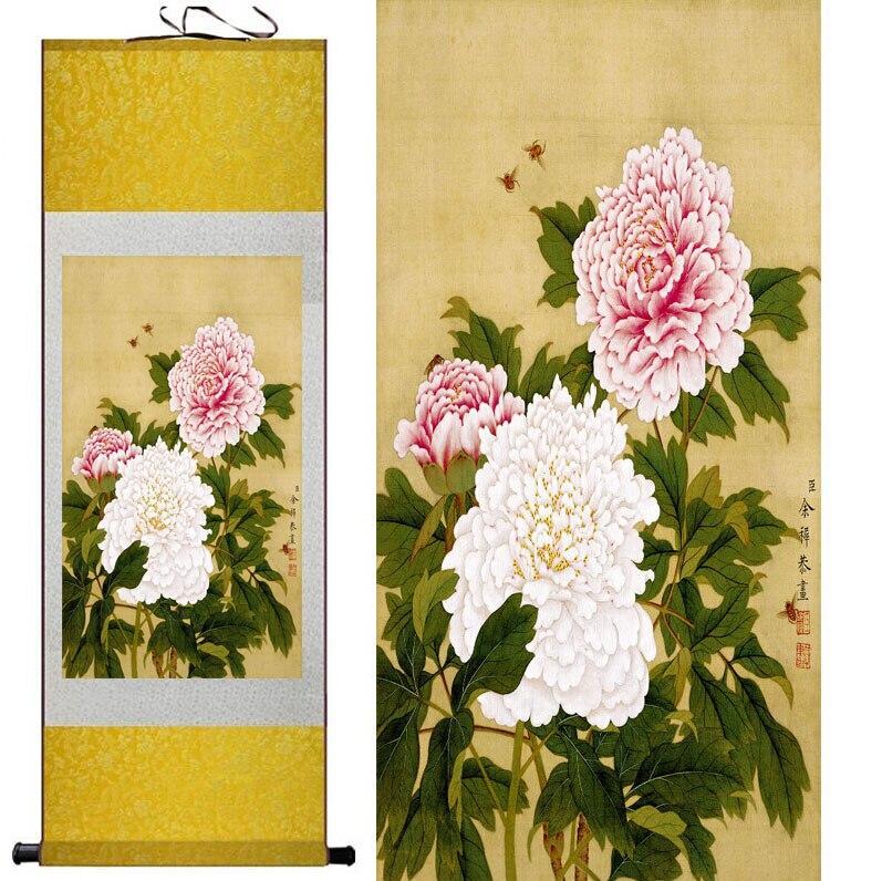 Chinese Art Scroll Painting Peony Flowers Ancient Silk Picture Wall Ideas 11482-Chinese Style Finds™