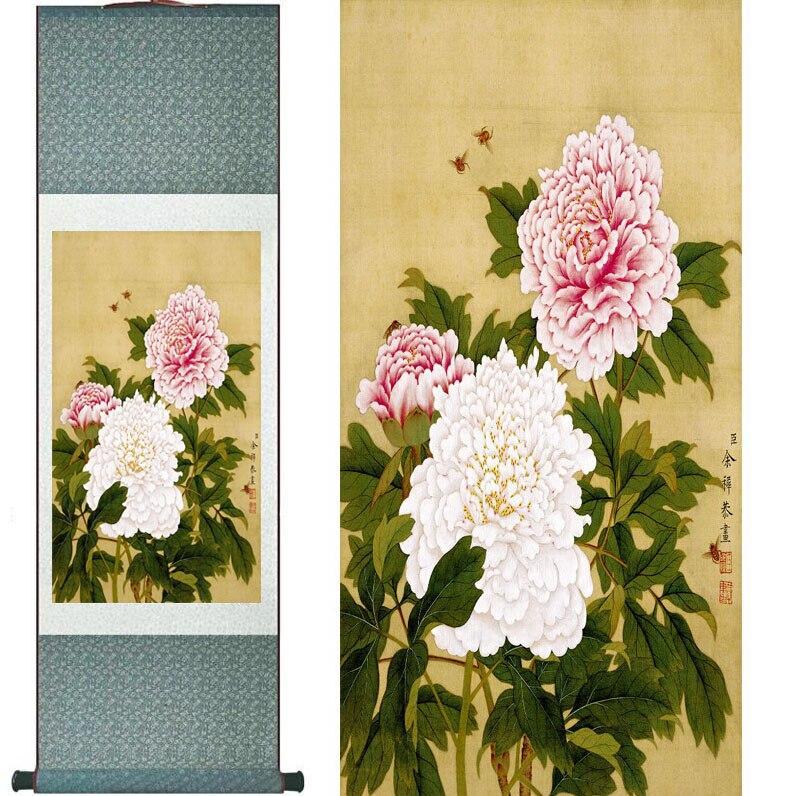 Chinese Art Scroll Painting Peony Flowers Ancient Silk Picture Wall Ideas 11482-Chinese Style Finds™