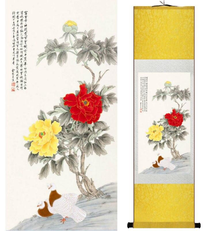 Chinese Art Scroll Painting Peony Flowers Ancient Silk Picture Wall Ideas 14130-Chinese Style Finds™