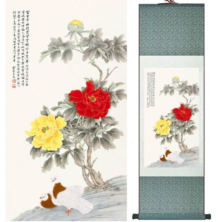 Chinese Art Scroll Painting Peony Flowers Ancient Silk Picture Wall Ideas 14130-Chinese Style Finds™