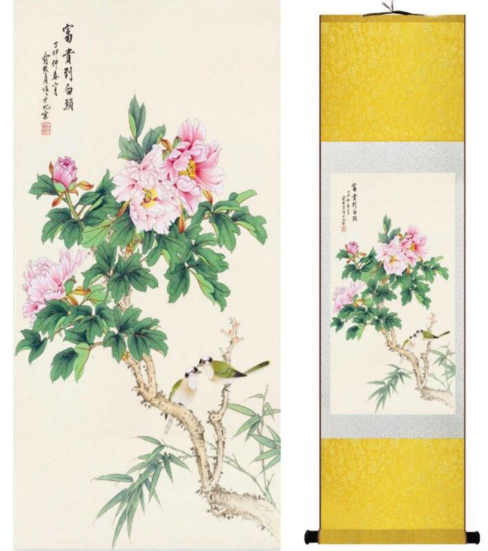 Chinese Art Scroll Painting Peony Flowers Ancient Silk Picture Wall Ideas 14134-Chinese Style Finds™