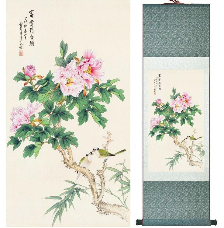 Chinese Art Scroll Painting Peony Flowers Ancient Silk Picture Wall Ideas 14134-Chinese Style Finds™