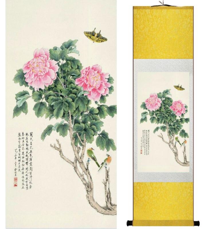 Chinese Art Scroll Painting Peony Flowers And Animal Birds Ancient Silk Picture Wall Ideas 14122-Chinese Style Finds™