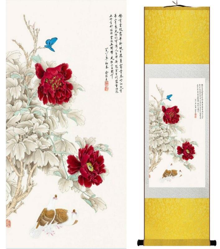 Chinese Art Scroll Painting Peony Flowers And Butterfly Ancient Silk Picture Wall Ideas 14126-Chinese Style Finds™