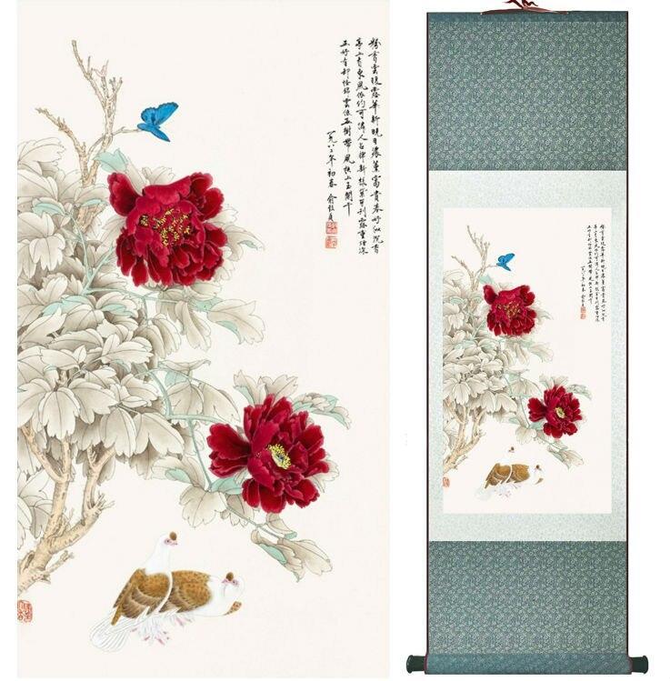 Chinese Art Scroll Painting Peony Flowers And Butterfly Ancient Silk Picture Wall Ideas 14126-Chinese Style Finds™