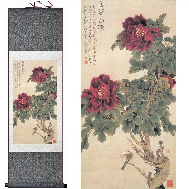 Chinese Art Scroll Painting Peony Flowers Animal Birds Ancient Silk Picture Wall Ideas 10570-Chinese Style Finds™