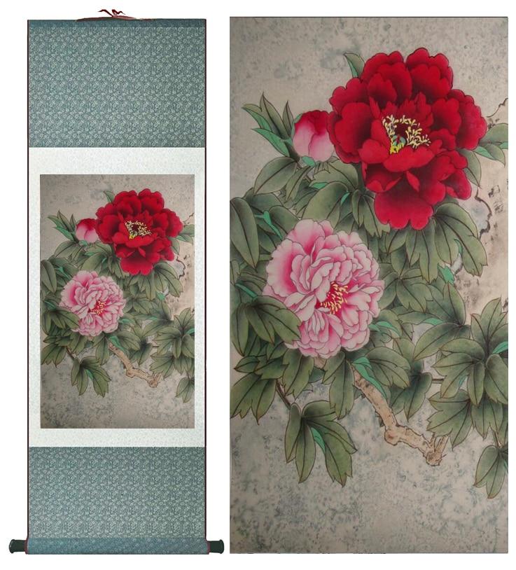 Chinese Art Scroll Painting Peony Flowers Animal Birds Ancient Silk Picture Wall Ideas 12726-Chinese Style Finds™