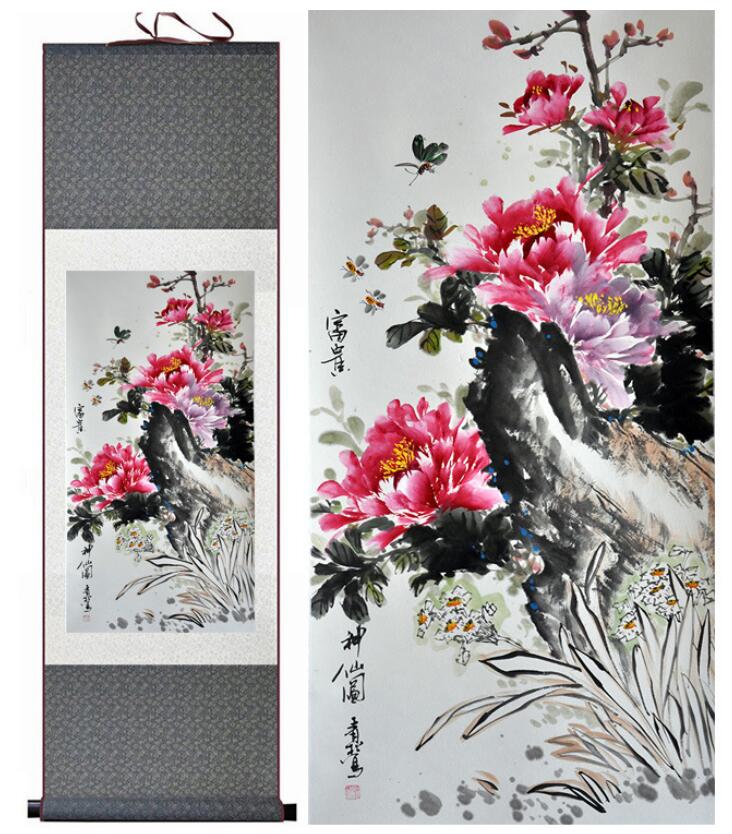 Chinese Art Scroll Painting Peony Flowers Animal Birds Ancient Silk Picture Wall Ideas 13090-Chinese Style Finds™