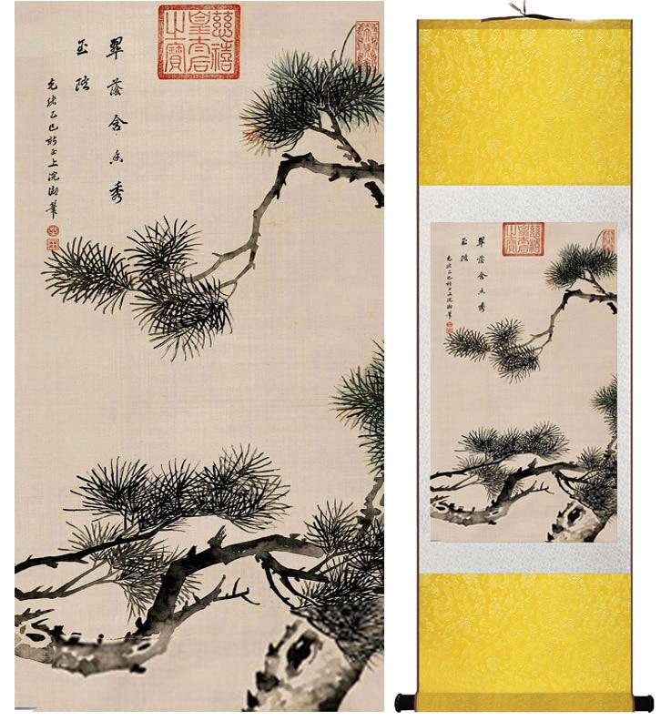 Chinese Art Scroll Painting Pine Tree Ancient Silk Picture Wall Ideas 11798-Chinese Style Finds™