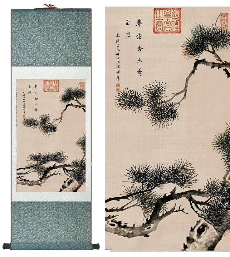 Chinese Art Scroll Painting Pine Tree Ancient Silk Picture Wall Ideas 11798-Chinese Style Finds™