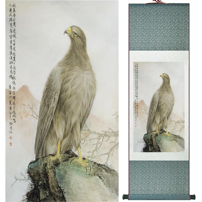 Chinese Art Scroll Painting Pine Tree Eagle Ancient Silk Picture Wall Ideas 16520-Chinese Style Finds™