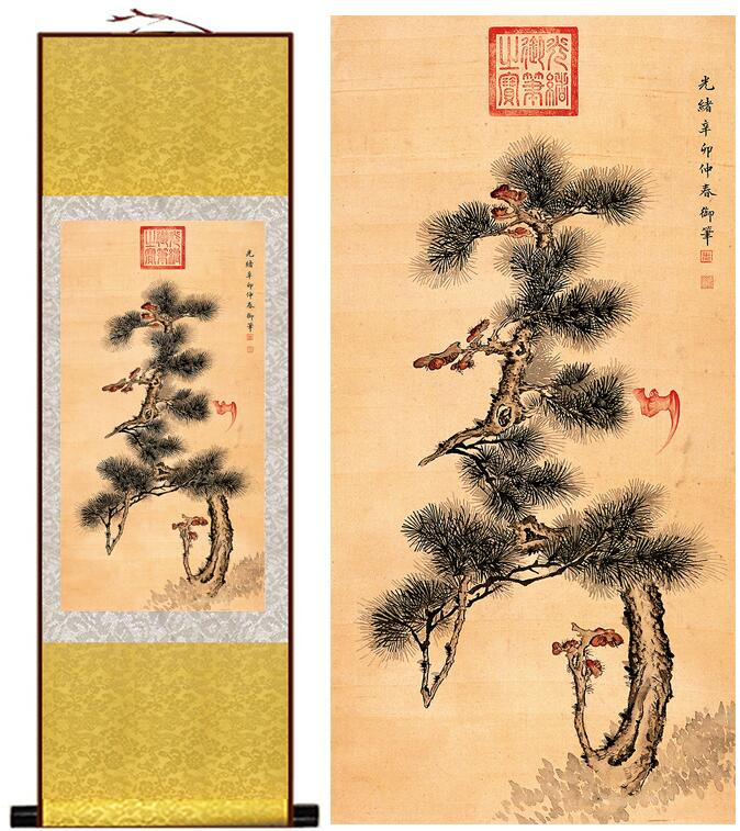 Chinese Art Scroll Painting Pine Tree Flower Ancient Silk Picture Wall Ideas 13462-Chinese Style Finds™