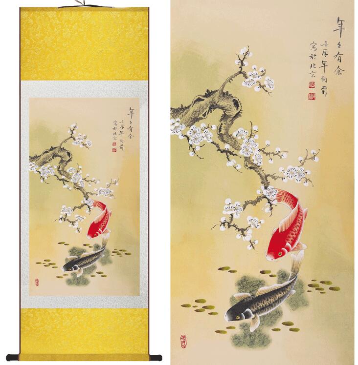 Chinese Art Scroll Painting Playing Animal Fish Ancient Silk Picture Wall Ideas 11890-Chinese Style Finds™