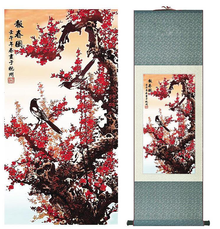 Chinese Art Scroll Painting Plum Blossom Ancient Silk Picture Wall Ideas 10736-Chinese Style Finds™