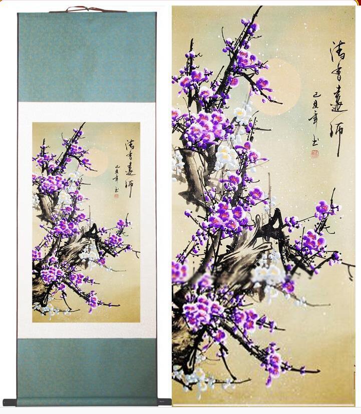 Chinese Art Scroll Painting Plum Blossom Ancient Silk Picture Wall Ideas 10738-Chinese Style Finds™