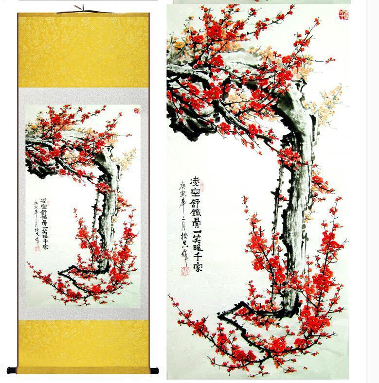 Chinese Art Scroll Painting Plum Blossom Ancient Silk Picture Wall Ideas 10754-Chinese Style Finds™