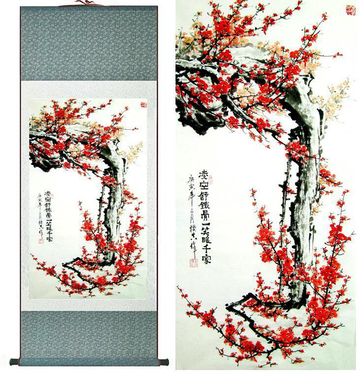 Chinese Art Scroll Painting Plum Blossom Ancient Silk Picture Wall Ideas 10754-Chinese Style Finds™