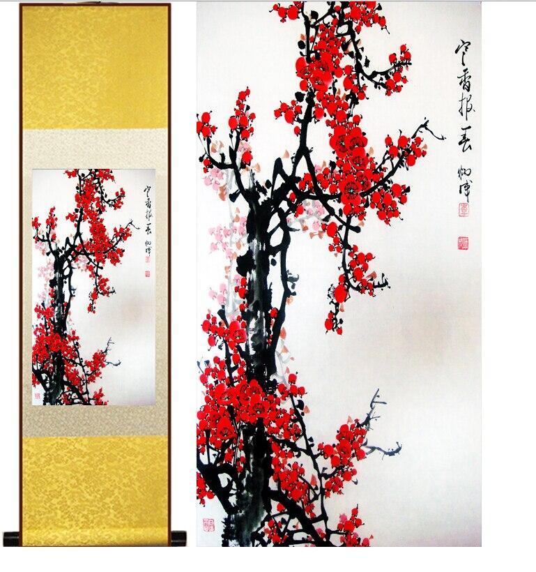 Chinese Art Scroll Painting Plum Blossom Flower Ancient Silk Picture Wall Ideas 11126-Chinese Style Finds™